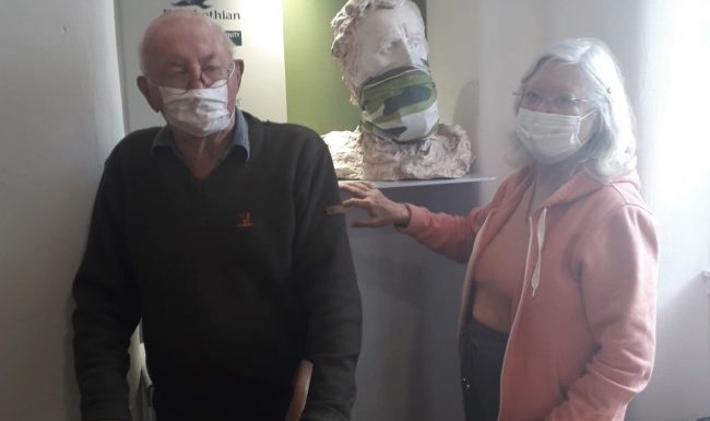 JAnice and David Simpson with Janice's bust of John Muir