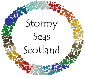 Text reading 'Stormy Seas Scorland.' Text is inside a rainbow circle, the rainbow circle is made up of little dots.